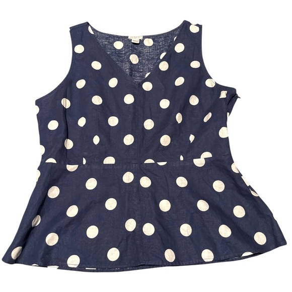 J. Crew Tops - J. Crew Navy Blue White Polka Dot Linen Cotton Peplum Top Size 12
